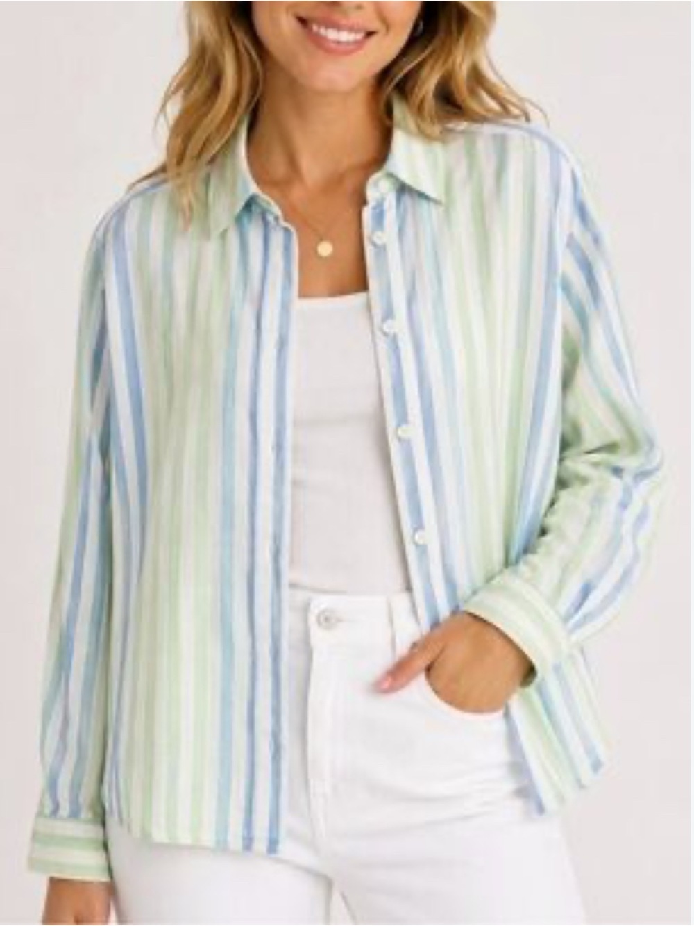 Talbots Pastel Button-Down Shirt 100% Linen- Blue & Green Size-Medium Coastal